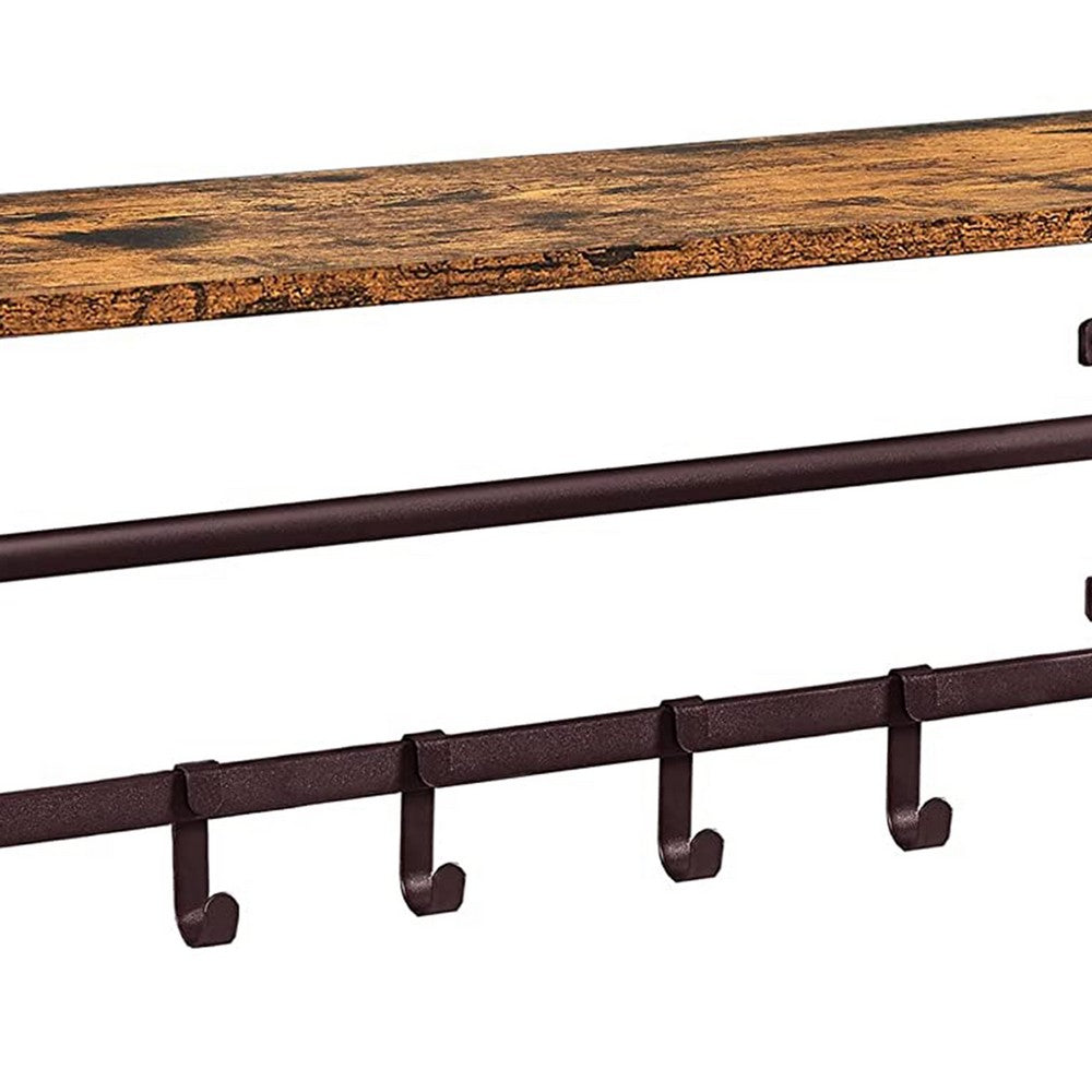 31 Inch Wall Mount Coat Rack, Wood, Metal, 1 Rod, 5 Hooks, Brown, Black - BM277373