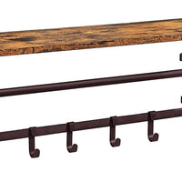 31 Inch Wall Mount Coat Rack, Wood, Metal, 1 Rod, 5 Hooks, Brown, Black - BM277373