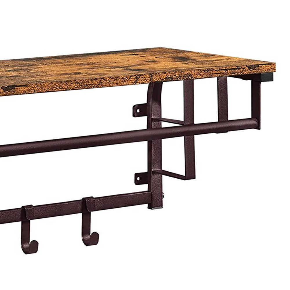 31 Inch Wall Mount Coat Rack, Wood, Metal, 1 Rod, 5 Hooks, Brown, Black - BM277373