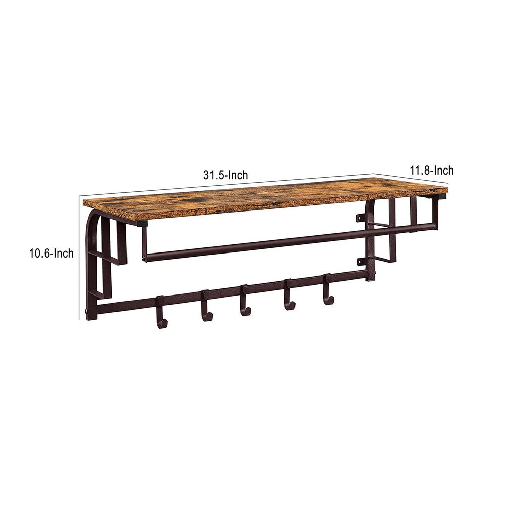 31 Inch Wall Mount Coat Rack, Wood, Metal, 1 Rod, 5 Hooks, Brown, Black - BM277373