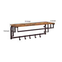 31 Inch Wall Mount Coat Rack, Wood, Metal, 1 Rod, 5 Hooks, Brown, Black - BM277373