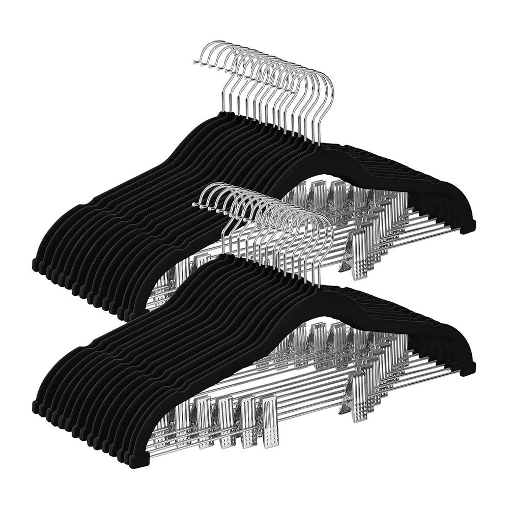 30 Velvet Non Slip Hangers, Adjustable Pants Clips, Skirts, Black, Chrome - BM277377