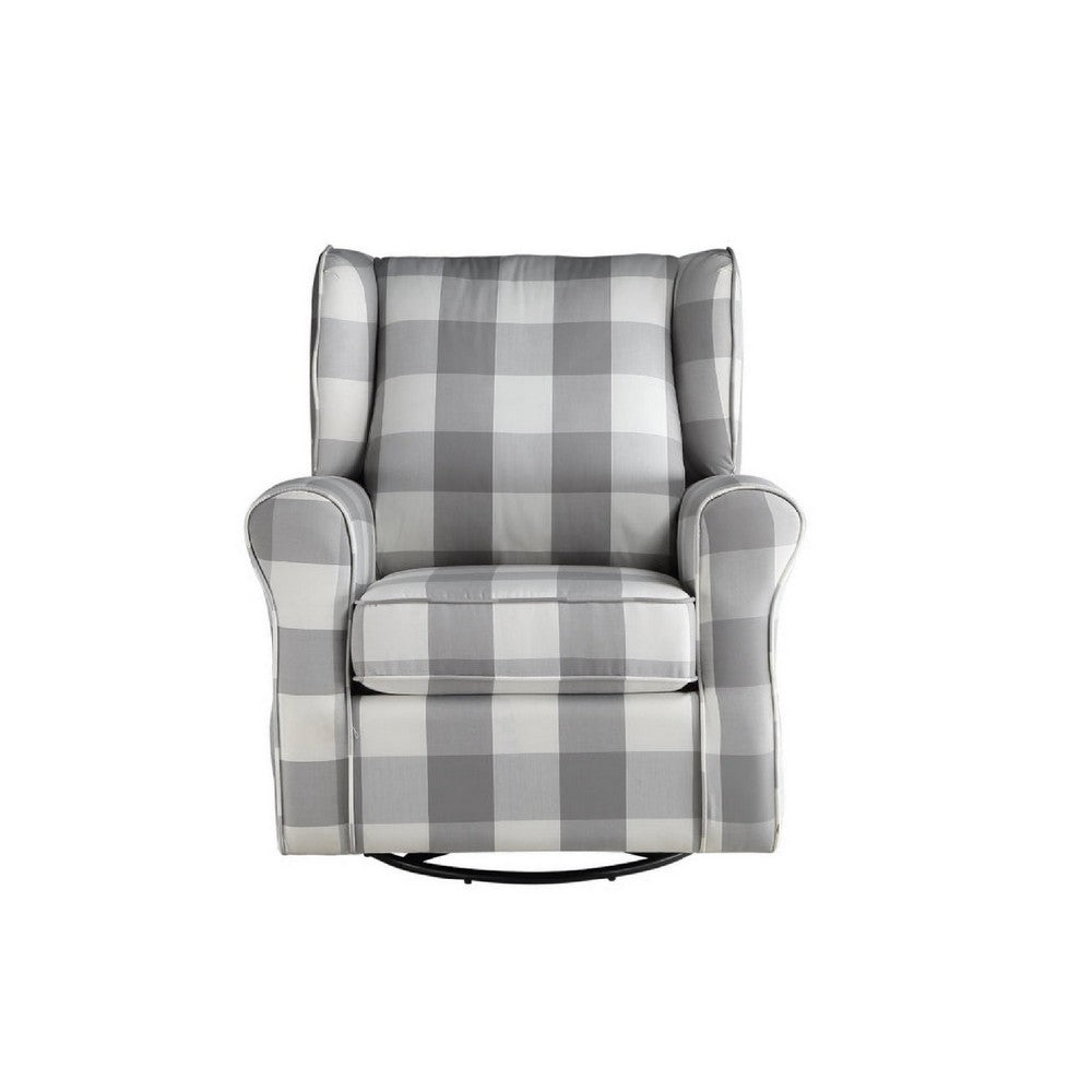35 Inch Accent Swivel Chair, Glider, Checkered Fabric, Light Gray - BM279086