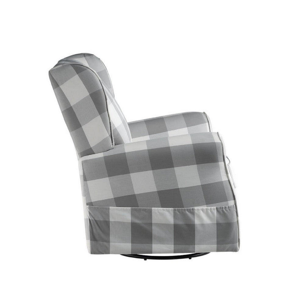 35 Inch Accent Swivel Chair, Glider, Checkered Fabric, Light Gray - BM279086