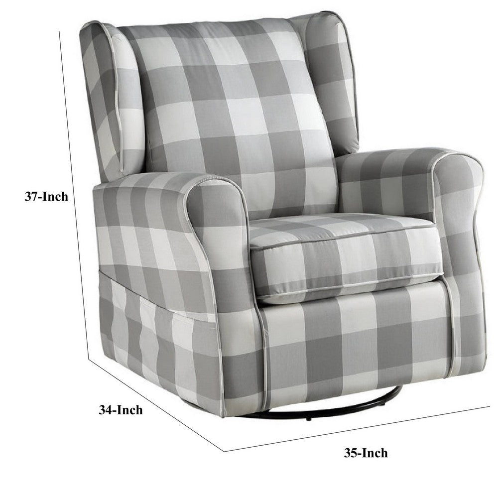 35 Inch Accent Swivel Chair, Glider, Checkered Fabric, Light Gray - BM279086