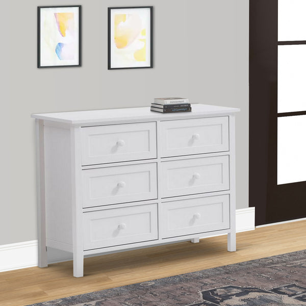 Mio 39 Inch 6 Drawer Dresser, Solid Wood, Molded Trim, Glossy White - BM279147