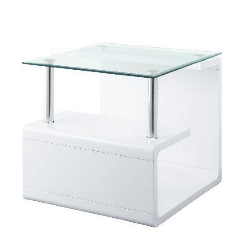24 Inch Square Accent End Table, Glass Top, Open Shelf, White, Chrome - BM279165
