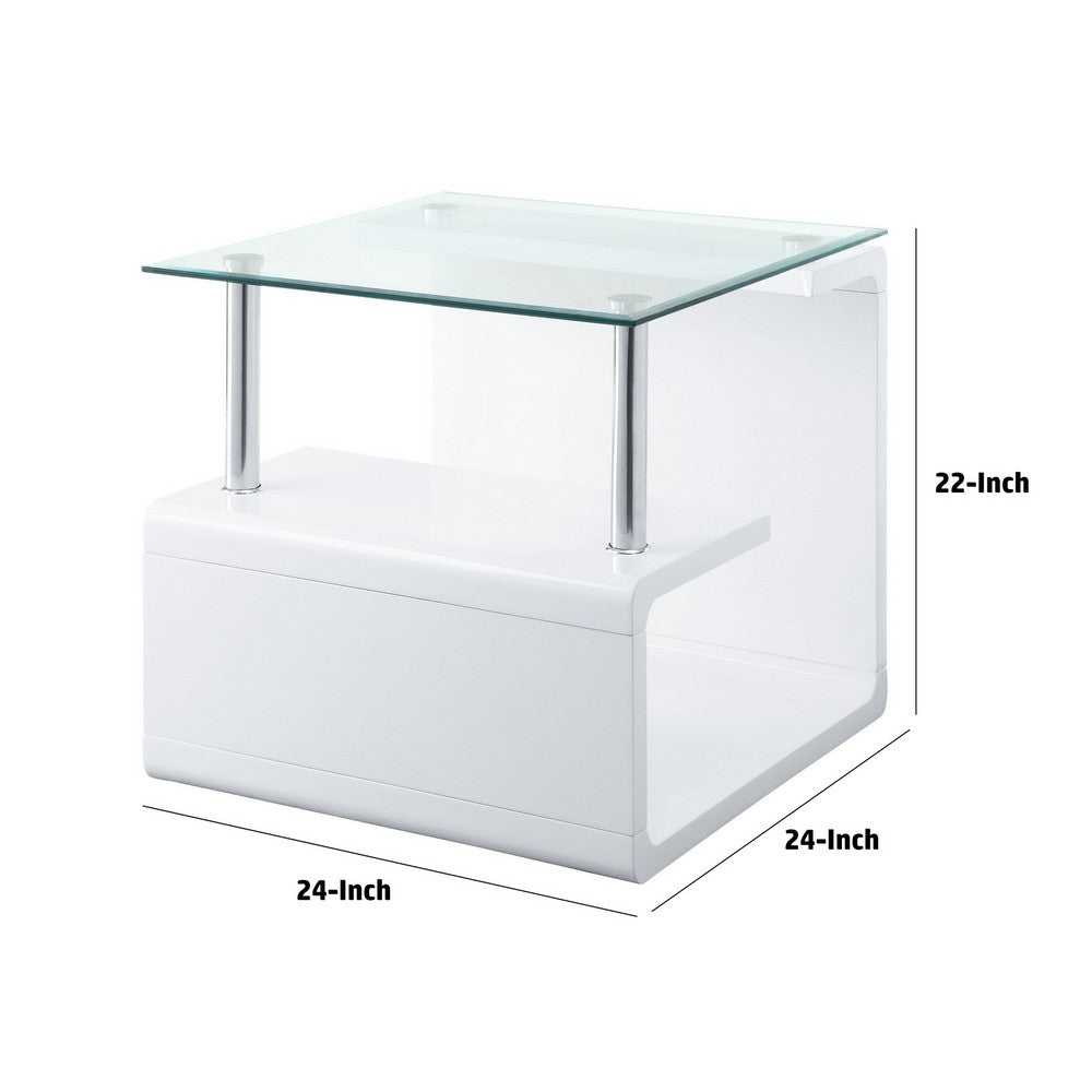 24 Inch Square Accent End Table, Glass Top, Open Shelf, White, Chrome - BM279165