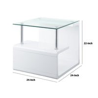 24 Inch Square Accent End Table, Glass Top, Open Shelf, White, Chrome - BM279165
