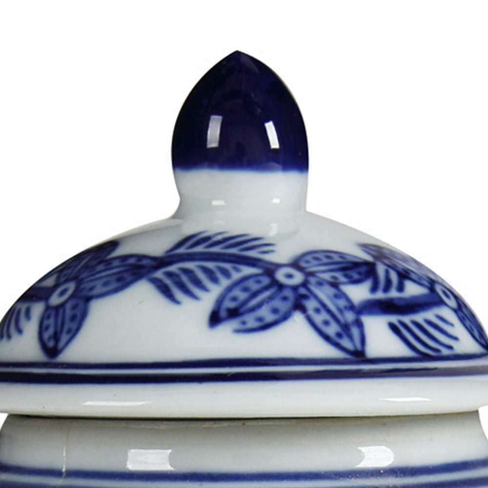 6 Inch Porcelain Jar, Urn Shape, Lid, Floral Design, Blue, White - BM279526