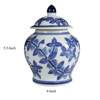6 Inch Porcelain Jar, Urn Shape, Lid, Floral Design, Blue, White - BM279526