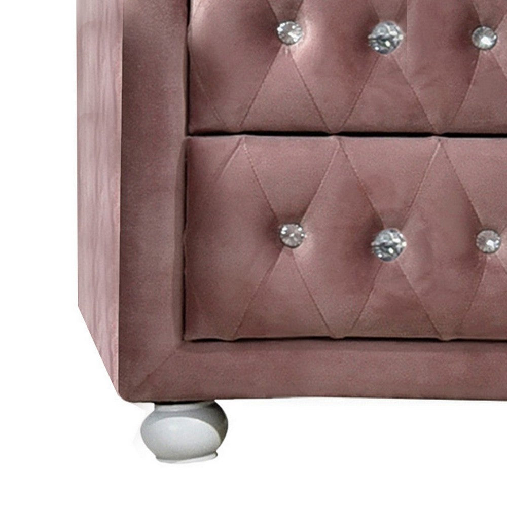 Rex 17 Inch Modern Upholstered Nightstand, 2 Drawer, Crystal Handles, Pink - BM279727