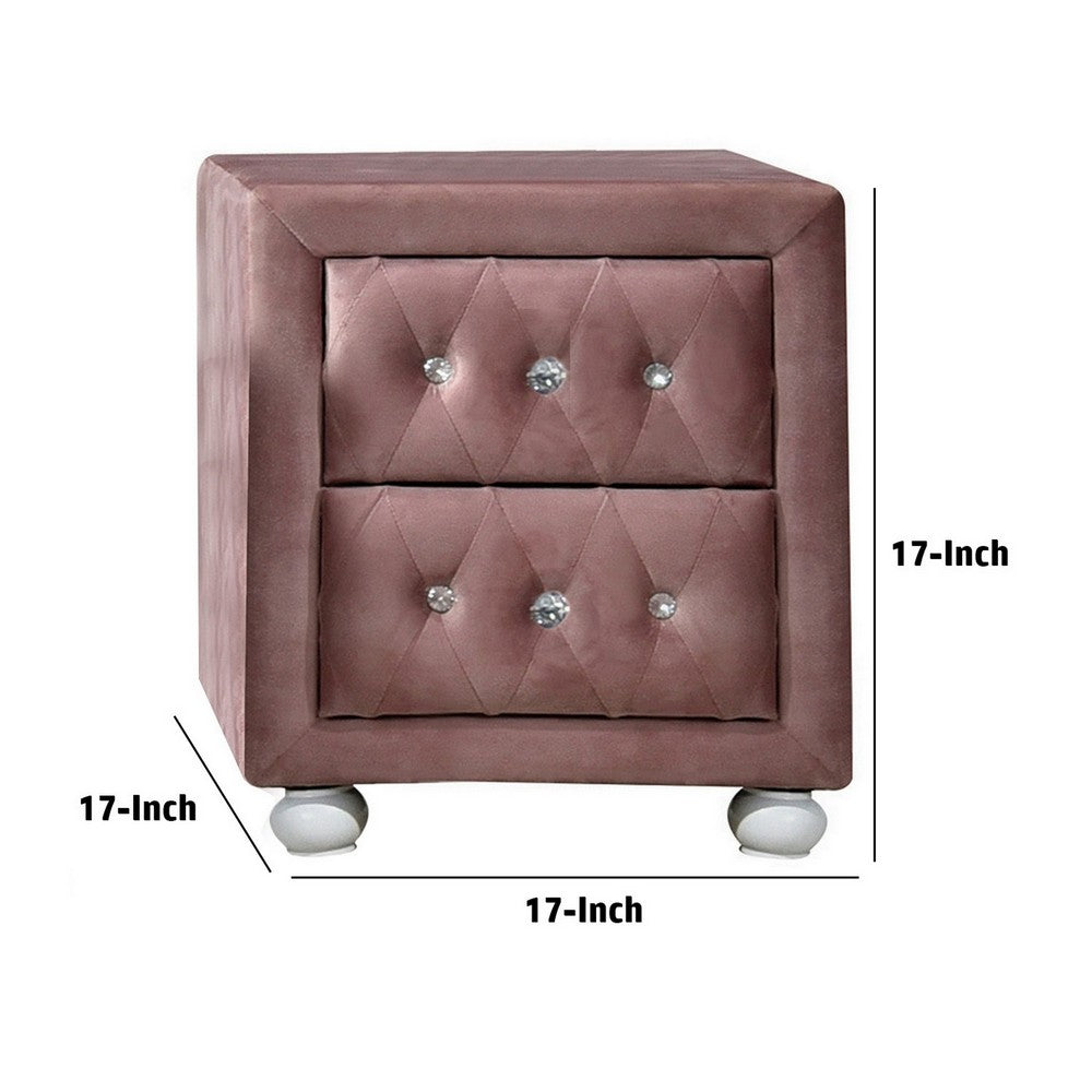 Rex 17 Inch Modern Upholstered Nightstand, 2 Drawer, Crystal Handles, Pink - BM279727