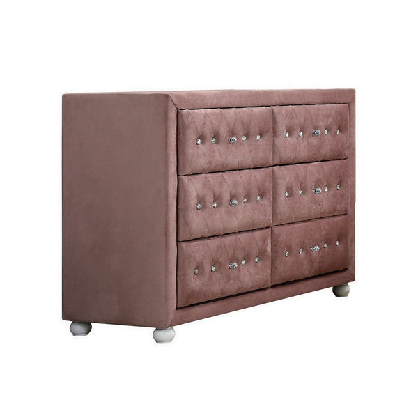 Rex 40 Inch Modern Upholstered Dresser, 6 Drawers, Crystal Handles, Pink - BM279728