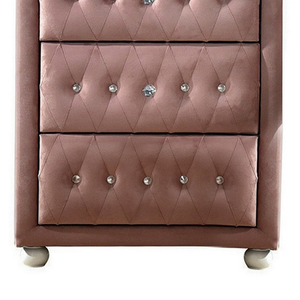 Rex 38 Inch Tall Upholstered Dresser Chest, 4 Drawer, Crystal Handles, Pink - BM279729