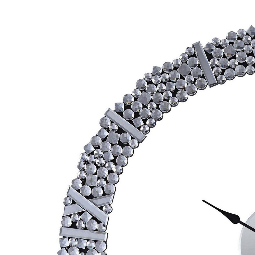 39 Inch Modern Analog Wall Clock, Faux Gem Inlay, Quartz, Silver - BM280297