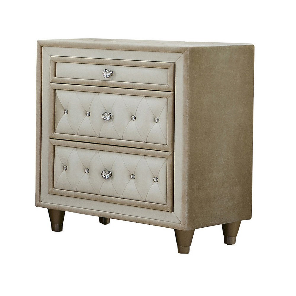 Matt 30 Inch Modern Nightstand, 3 Drawers, Velvet Tufted, Ivory Light Brown - BM280357