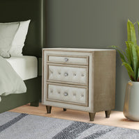 Matt 30 Inch Modern Nightstand, 3 Drawers, Velvet Tufted, Ivory Light Brown - BM280357