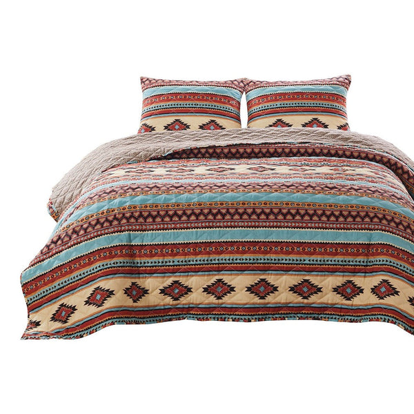 Linda 3 Piece Full Quilt Set, Tribal Pattern, Diamond Design, Multicolor - BM280406