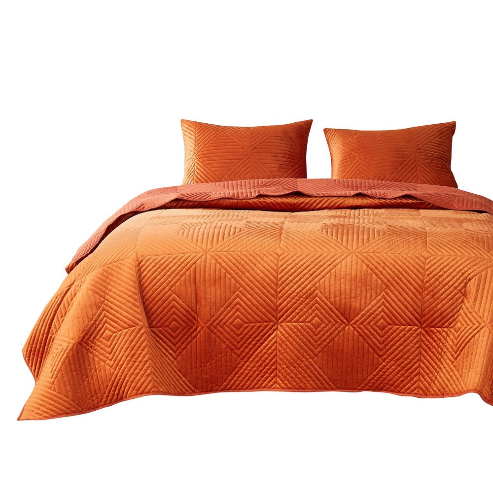 Ahab 3 Piece Velvet King Quilt Set, Diamond Quilting Design, Orange - BM280413