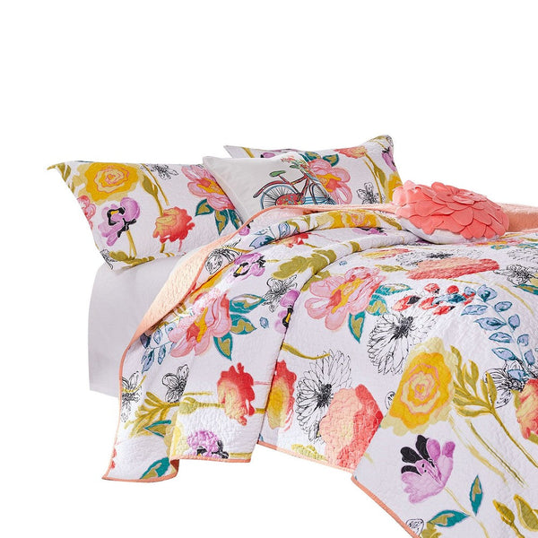 Mavi 4 Piece Reversible Twin Quilt Set, Spring Floral Print, Multicolor - BM280417
