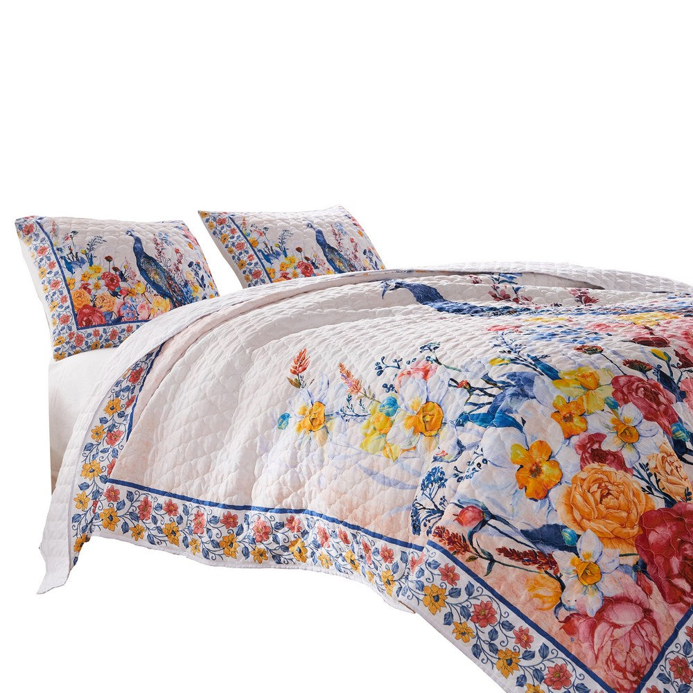 Tess Microfiber 3 Piece Full Quilt Set, Peacock, Floral Print, Multicolor - BM280421