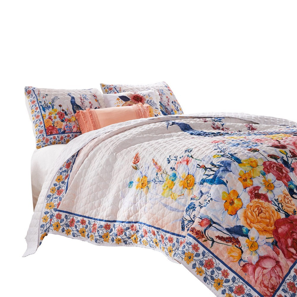 Tess Microfiber 3 Piece King Quilt Set, Peacock, Floral Print, Multicolor - BM280422
