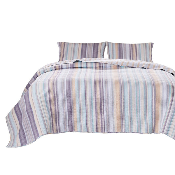 Ysa 3 Piece Soft Cotton Queen Quilt Set, Pastel Striped, Multicolor - BM280435
