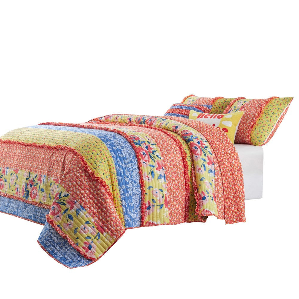 Lio 3 Piece Microfiber Queen Quilt Set, Bohemian Floral Pattern, Multicolor - BM280445