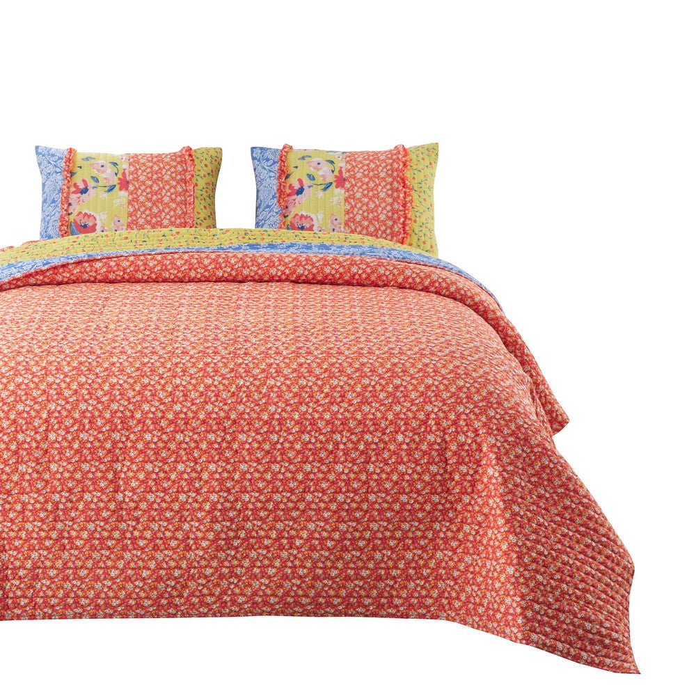 Lio 3 Piece Microfiber Queen Quilt Set, Bohemian Floral Pattern, Multicolor - BM280445