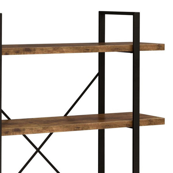 Ana 55 Inch Wood Bookcase, 4 Shelves, Crossed Metal Design, Rustic Brown - BM280487