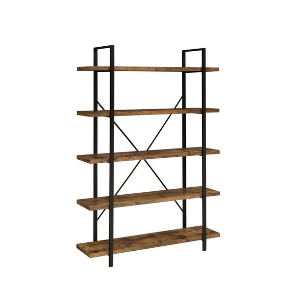 Ana 70 Inch Wood Bookcase, 5 Shelves, Crossed Metal Design, Rustic Brown - BM280488