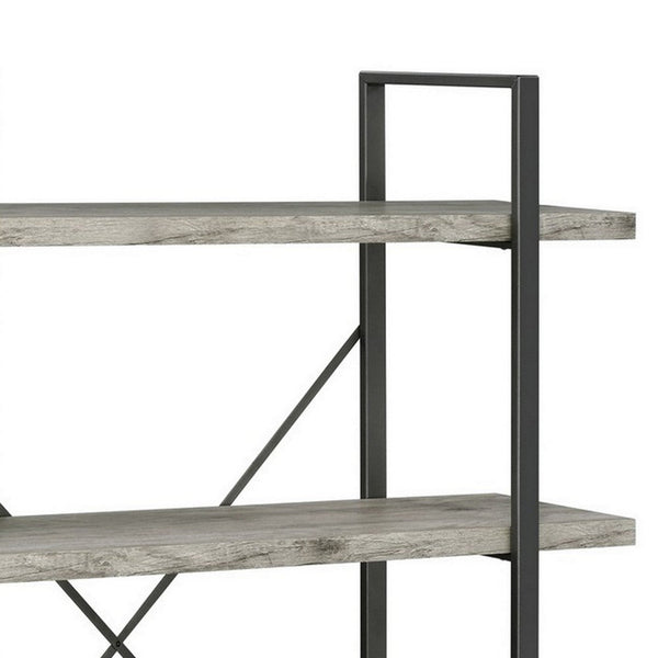 Ana 55 Inch Wood Bookcase, 4 Shelves, Crossed Metal Design, Light Gray - BM280490