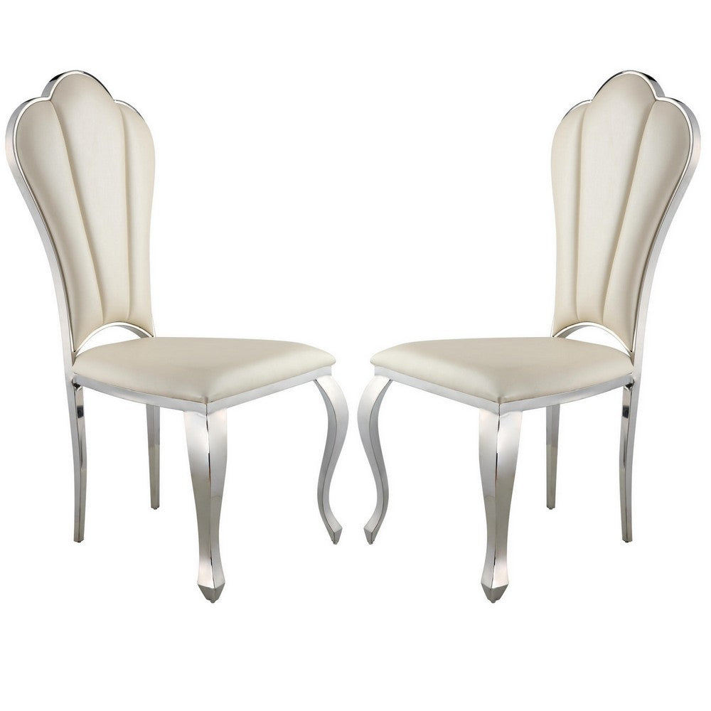 Kuri 23 Inch Dining Chair, Scalloped Back, Vegan Leather, Set of 2, Beige - BM281973