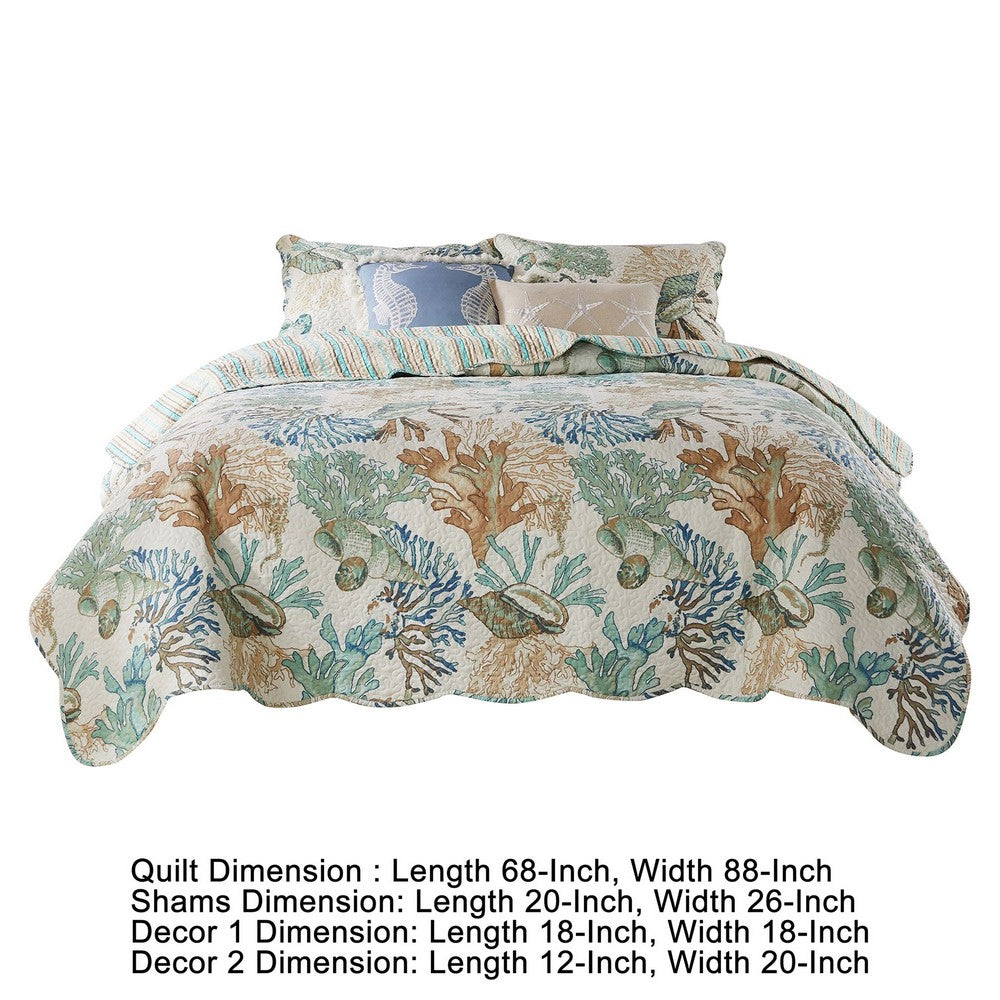 Wade 4 Piece Twin Quilt Set, Ocean Design, Scalloped Edges, Floral Pattern - BM281991