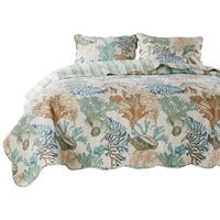 Wade 5 Piece Full Quilt Set, Ocean Design, Scalloped Edges, Floral Pattern - BM281992