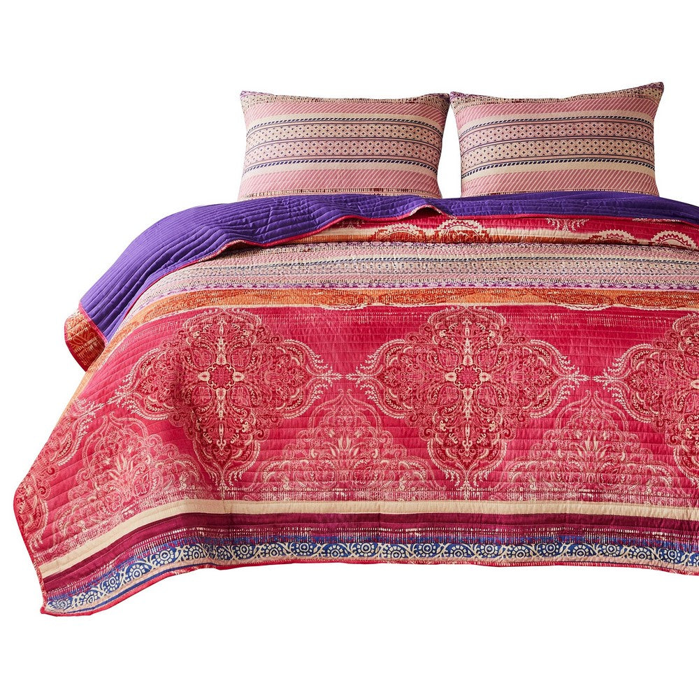 Dora 3 Piece Bohemian Full Quilt Set, Medallion, Paisley, Pink, Blue - BM282002