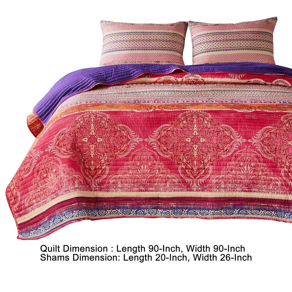 Dora 3 Piece Bohemian Full Quilt Set, Medallion, Paisley, Pink, Blue - BM282002