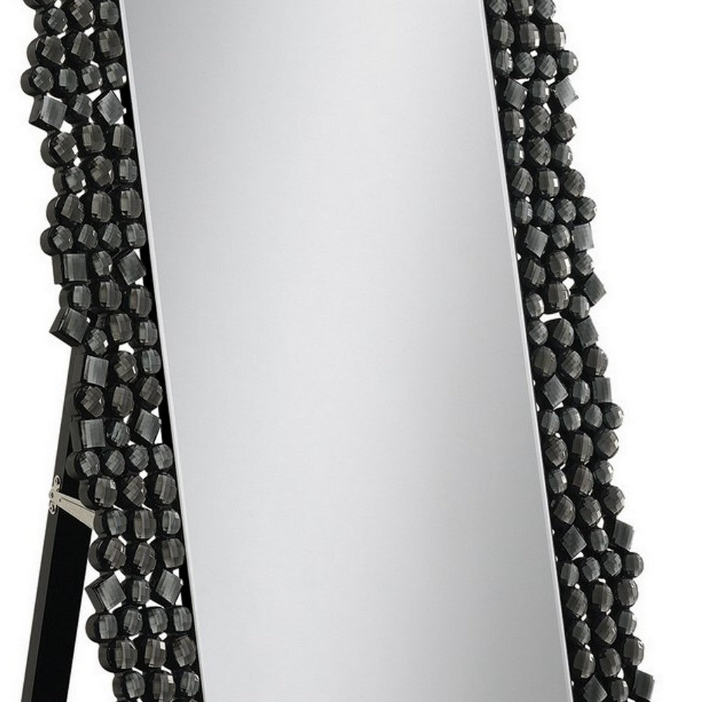 63 Inch Classic Portrait Floor Mirror, Rhinestone Inlay, Cheval, Black - BM282016