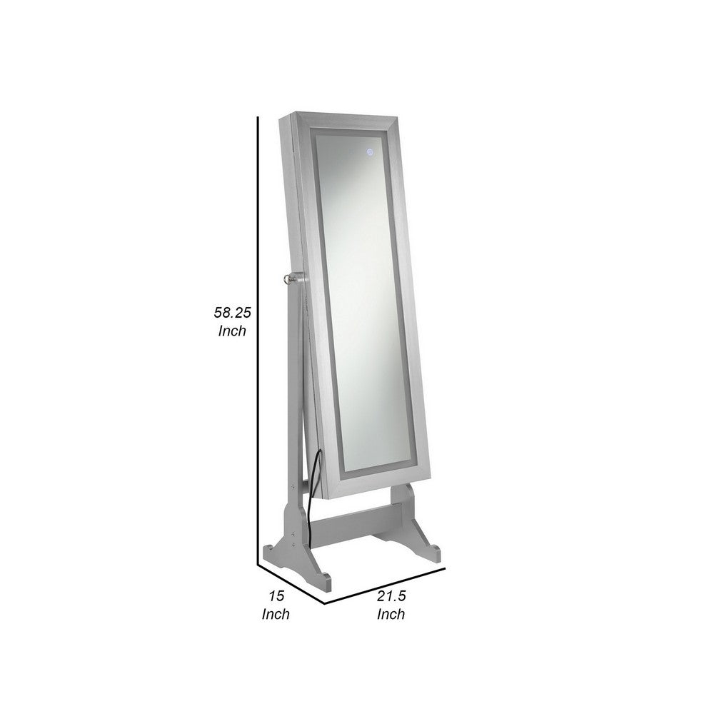 58 Inch Full Body Floor Cheval Mirror, Jewelry Storage, LED, Silver - BM282017