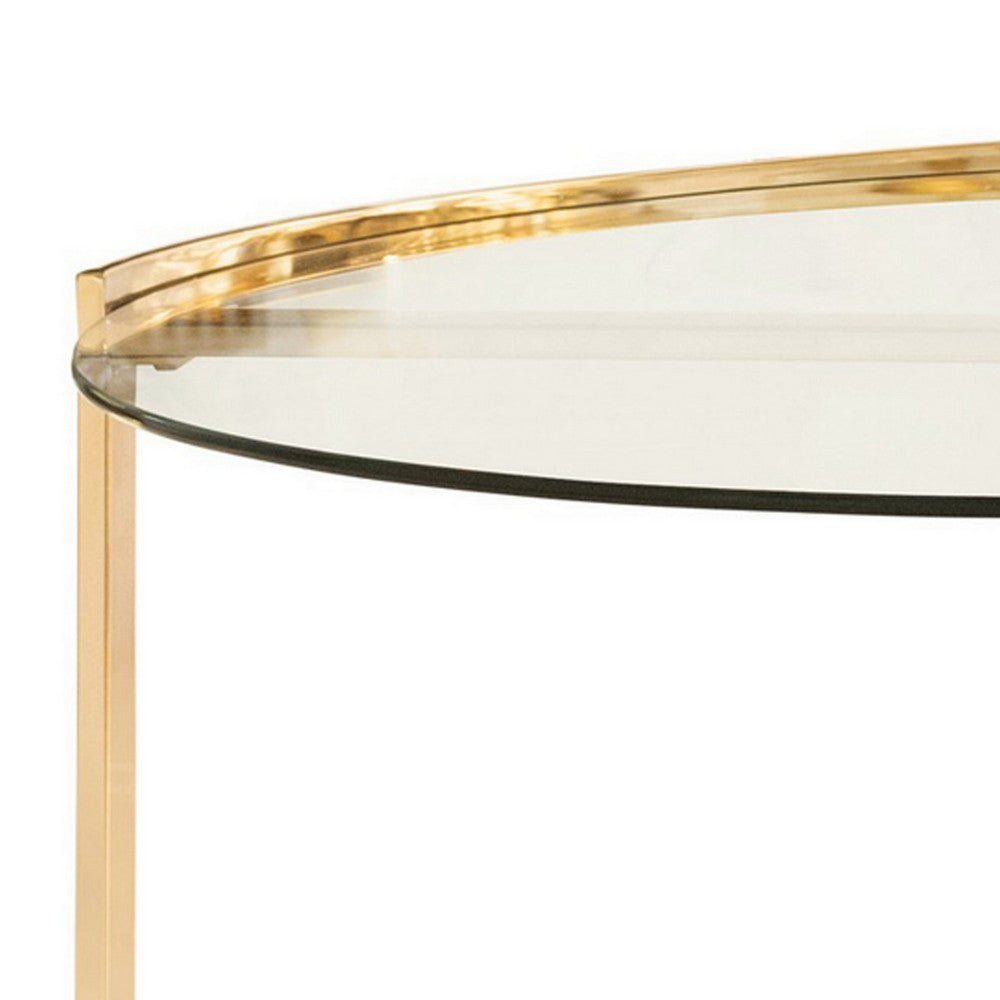 23 Inch Round Nesting Accent Tables, Glass Top, Metal Base, Set of 2, Gold - BM282032