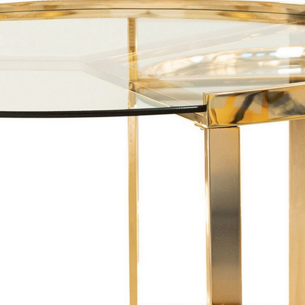 23 Inch Round Nesting Accent Tables, Glass Top, Metal Base, Set of 2, Gold - BM282032