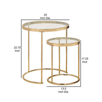 23 Inch Round Nesting Tables, Glass, Metal Base, Set of 2, Gold, Clear - BM282033