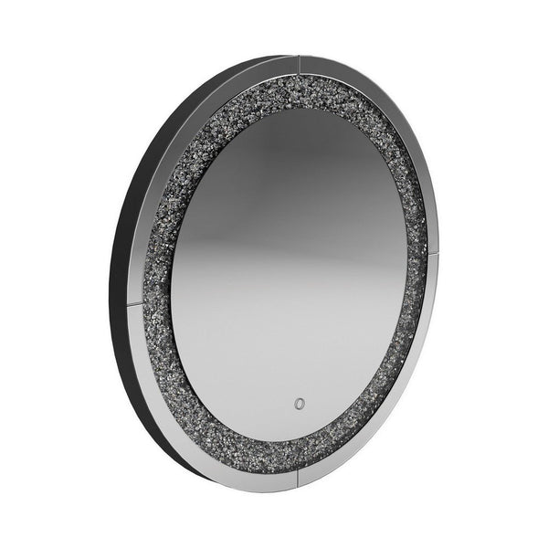 Theo 32 Inch Modern Vanity Wall Mirror, Round, Crystal Frame, Glass, Silver - BM282037