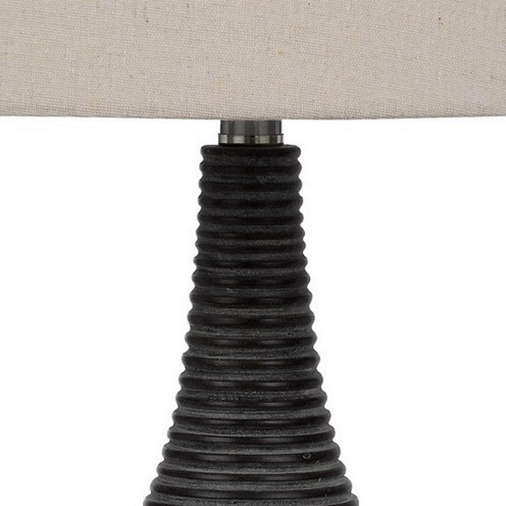29 Inch Classic Table Lamp, Textured Lined Body, Ceramic, Charcoal Black - BM282153