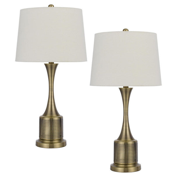 28 Inch Modern Table Lamp, Hardback Fabric Shade, Set of 2, Antique Brass - BM282162