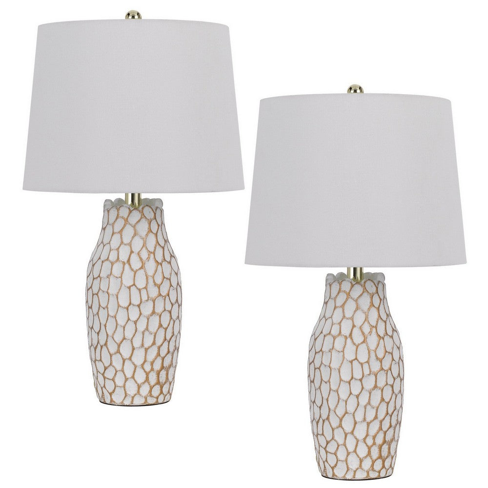 23 Inch Set of 2 Ceramic Accent Table Lamp, Hammered Base, White, Gold - BM282183