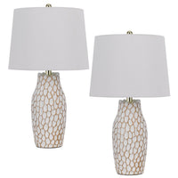 23 Inch Set of 2 Ceramic Accent Table Lamp, Hammered Base, White, Gold - BM282183