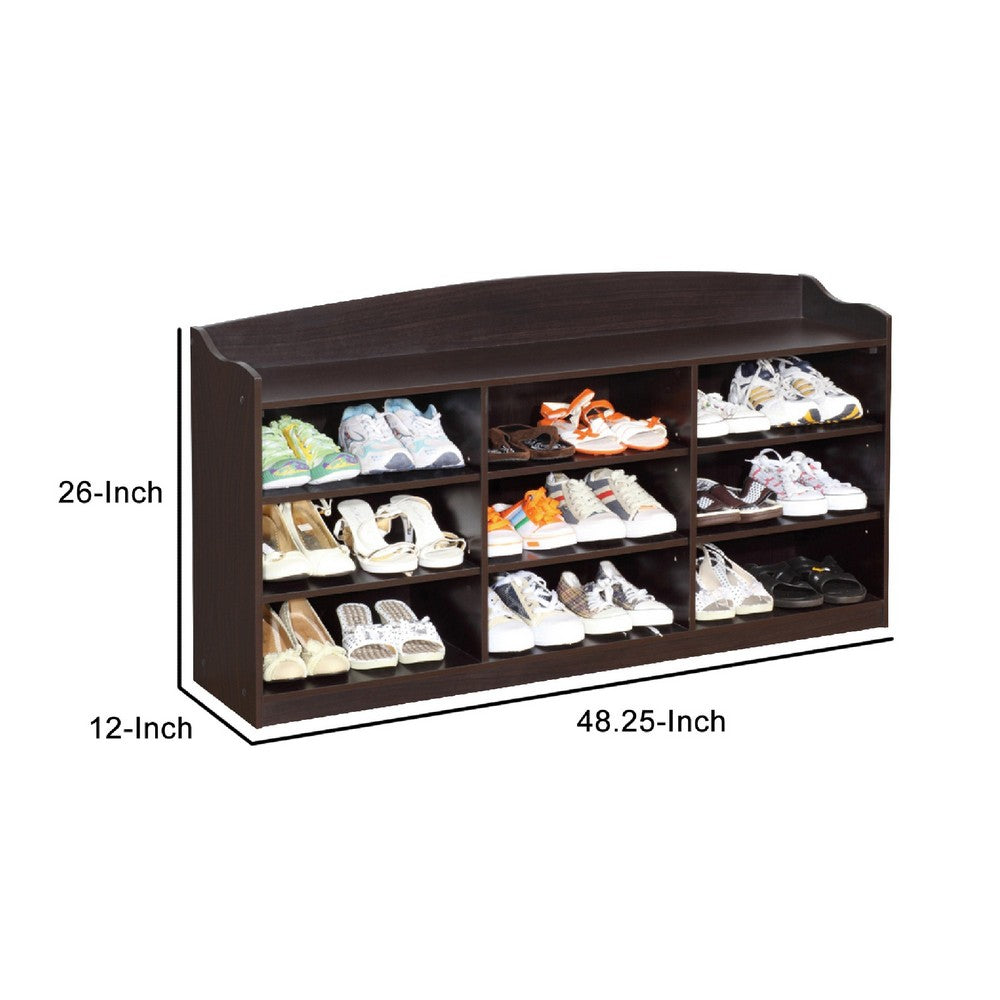 48 Inch Classic Wood Shoe Rack, 9 Cubbies, Elegant Wood Grains, Dark Brown - BM282631