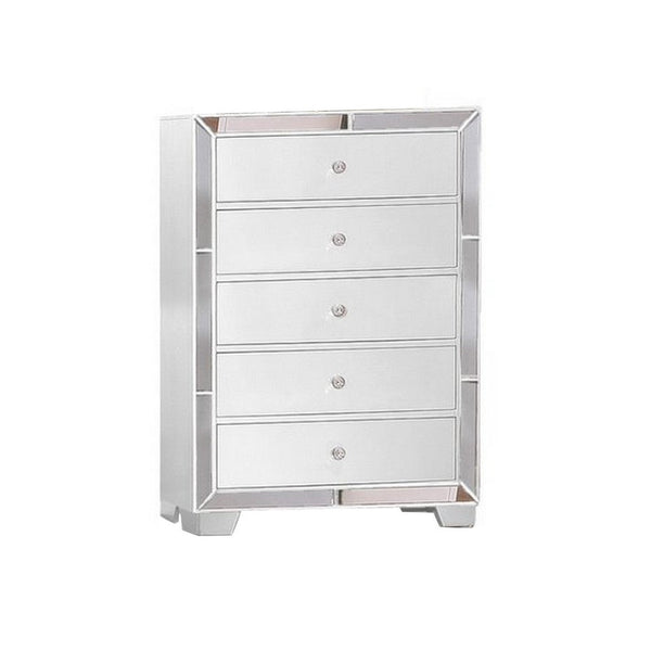 Eli 46 Inch Modern Wood Tall Dresser Chest, 5 Drawers, Mirrored, White - BM283147
